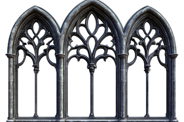 Naklejka premium Gothic window design featuring intricate arches and decorative elements in a transparent background