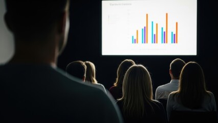 People in a dark room watching a business presentation with a bar chart.