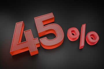 fourty five Percent Design (45%). Glassy Red number on Black Background