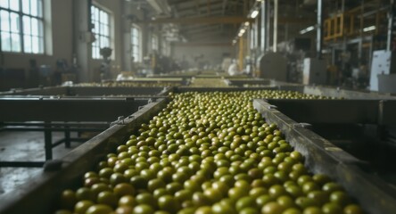 Green olives moving on conveyor belts in a modern food processing factory