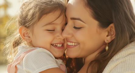 Close up candid portrait of happy mother and daughter embracing with joyful smiles