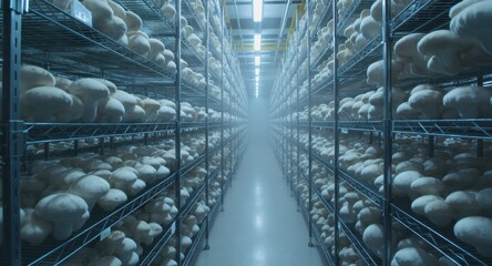 Extensive rows of pristine white button mushrooms growing in a modern cultivation facility