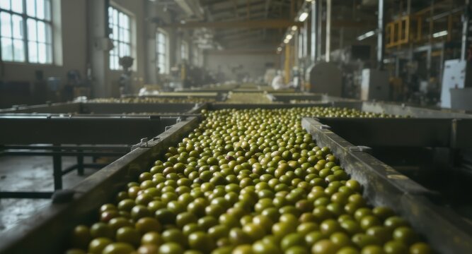 Green olives moving on conveyor belts in a modern food processing factory