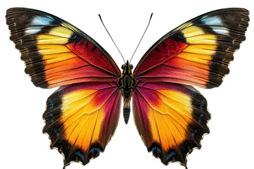 Fototapeta premium Vibrant and detailed close-up of a colorful butterfly with striking orange, yellow, and blue wings displaying intricate patterns in a transparent background