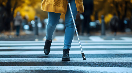 Fototapeta premium A visually impaired person confidently walking in the city with a smart AI cane.