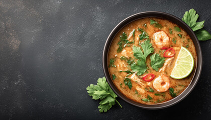delicious bowl of Tom Yum Goong, a spicy Thai soup with shrimp, lime, and herbs on a dark rustic table.
