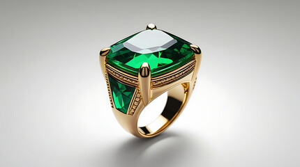 Gold ring with a large oval green gemstone and intricate filigree shoulders, 4K and HD image