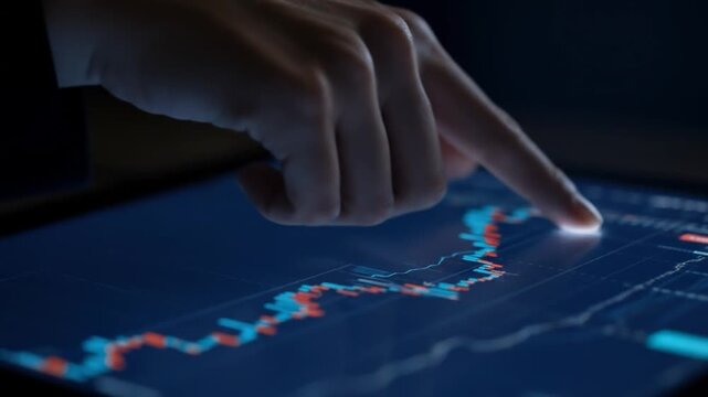 Finger interacting with digital financial chart displaying stock market data