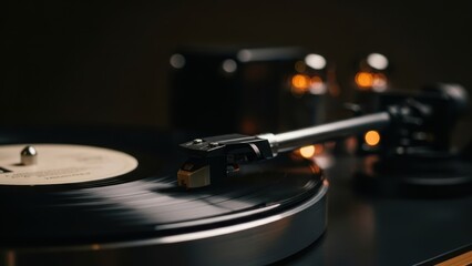 A close-up of a turntable stylus on a spinning vinyl record.