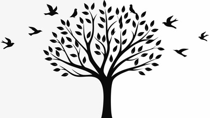 Obraz premium Silhouette of a tree with leaves and birds flying around it in a minimalist black and white design style