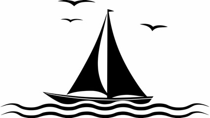Silhouette of a sailboat on wavy water with three birds flying above in a black and white illustration