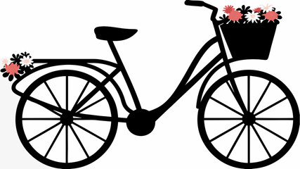 Silhouette of a bicycle with a basket full of flowers and flowers on the back rack creating a whimsical scene