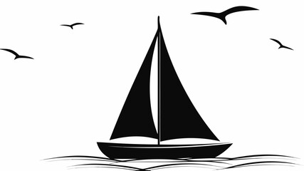 A black silhouette of a sailboat on water with three birds flying above it against a white background is shown