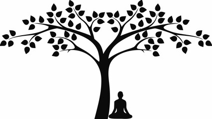 Silhouette of a person meditating under a bodhi tree with many leaves in black and white vector art