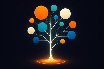 Futuristic glowing digital tree design with colorful circular branches representing abstract technology connection growth