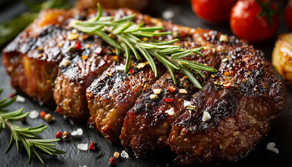 Sliced grilled beef steak with fresh rosemary and cherry tomatoes on a dark background. Close up food photo.