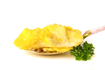 Fresh Diced Durian Fruit Golden Yellow Flesh on Spoon Still Life Photography Indoor Shot