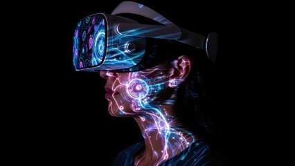 A person wearing a VR headset with glowing neon patterns projected onto them.