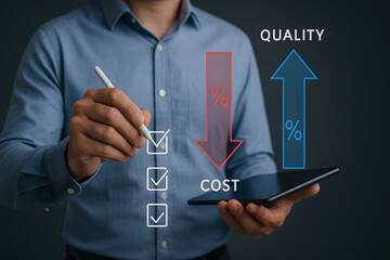 Businessman analyzing cost reduction and quality improvement strategies using a digital tablet checklist