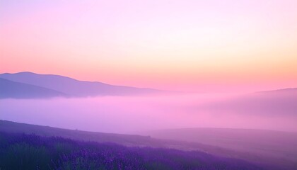 Misty sunrise over rolling hills and purple fields