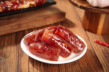 Air-Dried Meat Sausages on Wooden Background - Traditional Jerky Snack Food