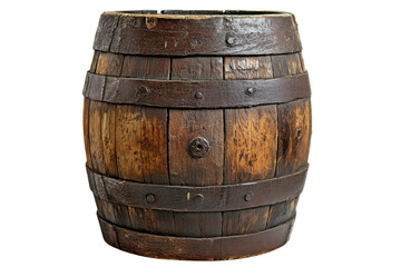 Fototapeta premium Rustic wooden barrel isolated on white background showcases detailed craftsmanship and reveals the charm of traditional barrel-making techniques used for storage