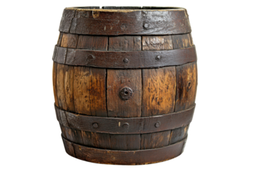Rustic wooden barrel isolated on white background showcases detailed craftsmanship and reveals the charm of traditional barrel-making techniques used for storage