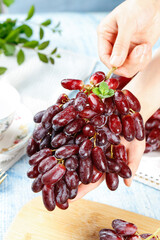 Hand Holding Fresh Red Grapes Cluster with Finger Picking Grape - Healthy Fruit Snack