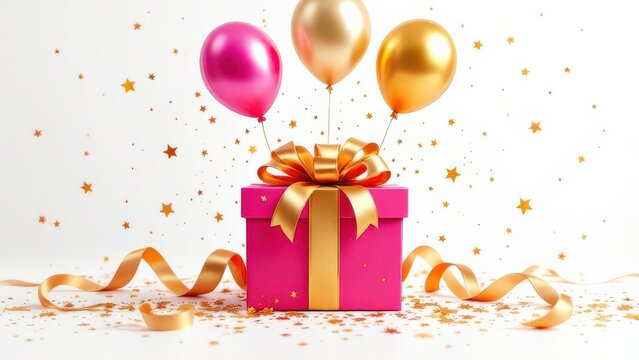 Bright Pink Gift Box with Golden Ribbon and Balloons in India