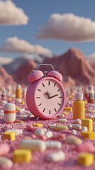 Pink alarm clock surrounded by pills and medicine bottles in a pink landscape