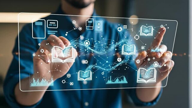 Online Learning Modules Interface - A man interacts with a transparent digital interface showcasing online learning modules, represented by book icons connected by flowing data streams and charts.