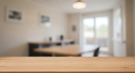 Empty wooden tabletop with a blurred modern kitchen background, perfect for product display