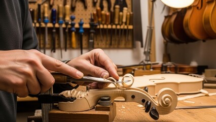 A luthier carving the scroll of a violin in a workshop.