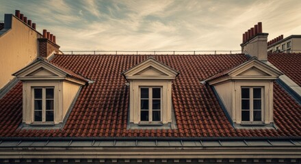 Obraz premium Three dormer windows with brick roofs under a cloudy sky at twilight