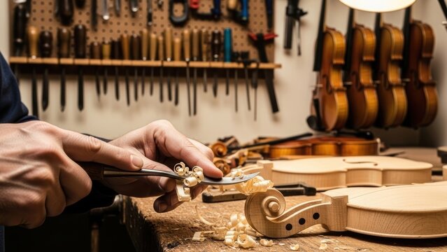 A violin maker using a tool to shape the scroll of a violin. - Powered by Adobe