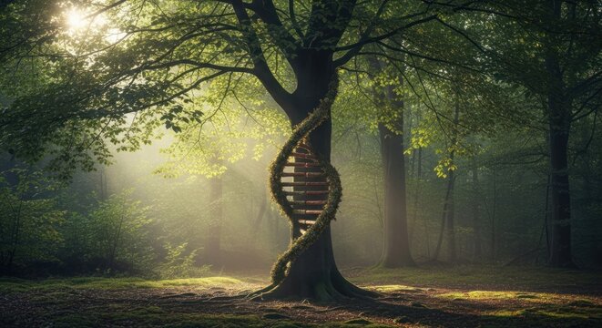 Tree with DNA helix wrapped, sunlit forest backdrop, symbolizing growth - Powered by Adobe