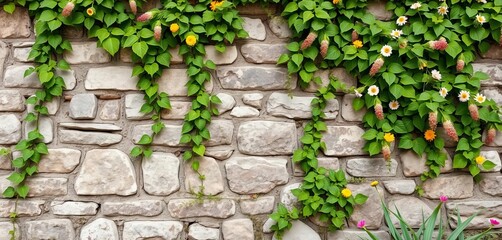 Naklejka premium Rustic stone wall backdrop, overgrown with ivy and wildflowers, plants, image