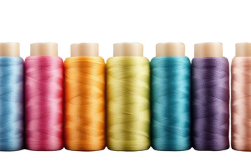 Colorful sewing thread spools arranged in a row on a checkered background showcasing various shades for textile projects
