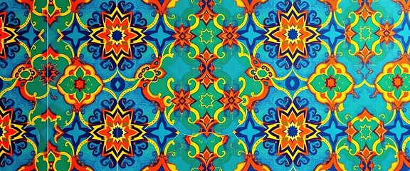 Fototapeta premium Intricate geometric Moroccan tile pattern in vibrant hues of blue, green, and orange, floor, zellige