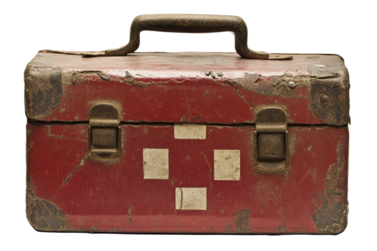 Old first aid kit isolated on white background shows signs of wear and history with a classic red exterior and metal latch