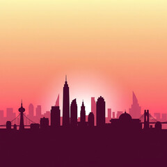 Obraz premium Stunning city skyline silhouette against a vibrant sunset, perfect for travel and design projects