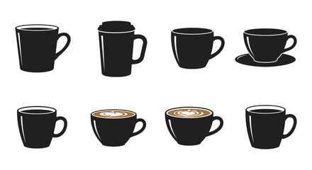 Collection of black coffee cups with different contents and designs