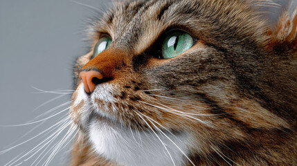 Obraz premium Tabby cat profile with green eyes and light reflecting off whiskers, close up detail of fur and nose, calm and curious expression