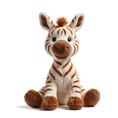 Brown-striped cute zebra plush toy isolated on white background. front view