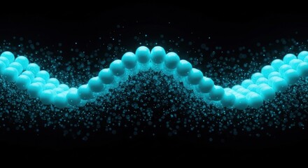 Wavy chain of cyan spheres against black, surrounded by tiny dots