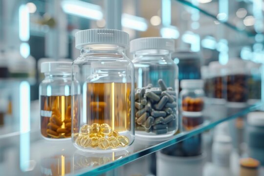 Diverse supplement bottles on rotating holographic display, futuristic wellness concept
