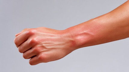 Close up of eczema rash on forearm irritated skin redness inflammation human hand neutral background dermatology health issue skin problem discomfort