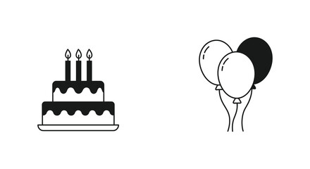 Birthday celebration icons with cake and balloons
