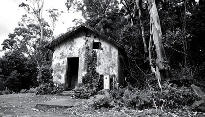 Abandoned weathered shack in a dark forest