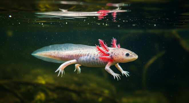 A pale ajolote with pink gills gracefully swims underwater, its translucent body partially visible against a dark background.